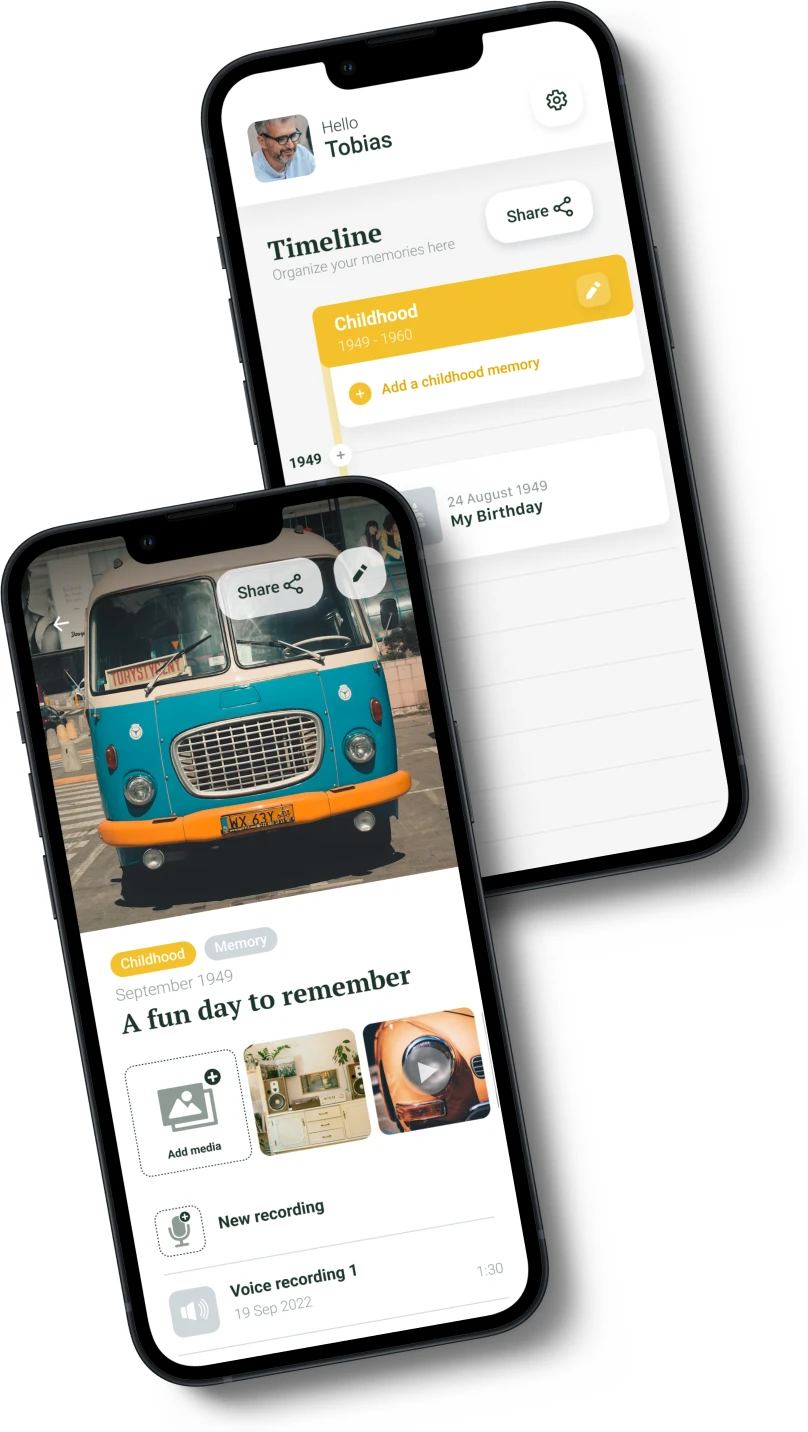 Relefant life timeline and a childhood memory with photos and voice recordings
