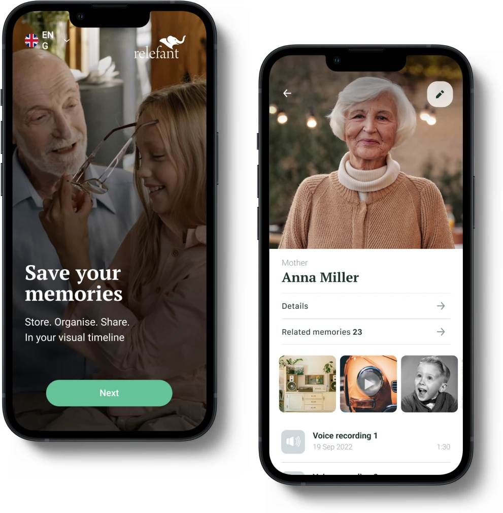 Relefant app welcome screen and a family member profile with linked memories