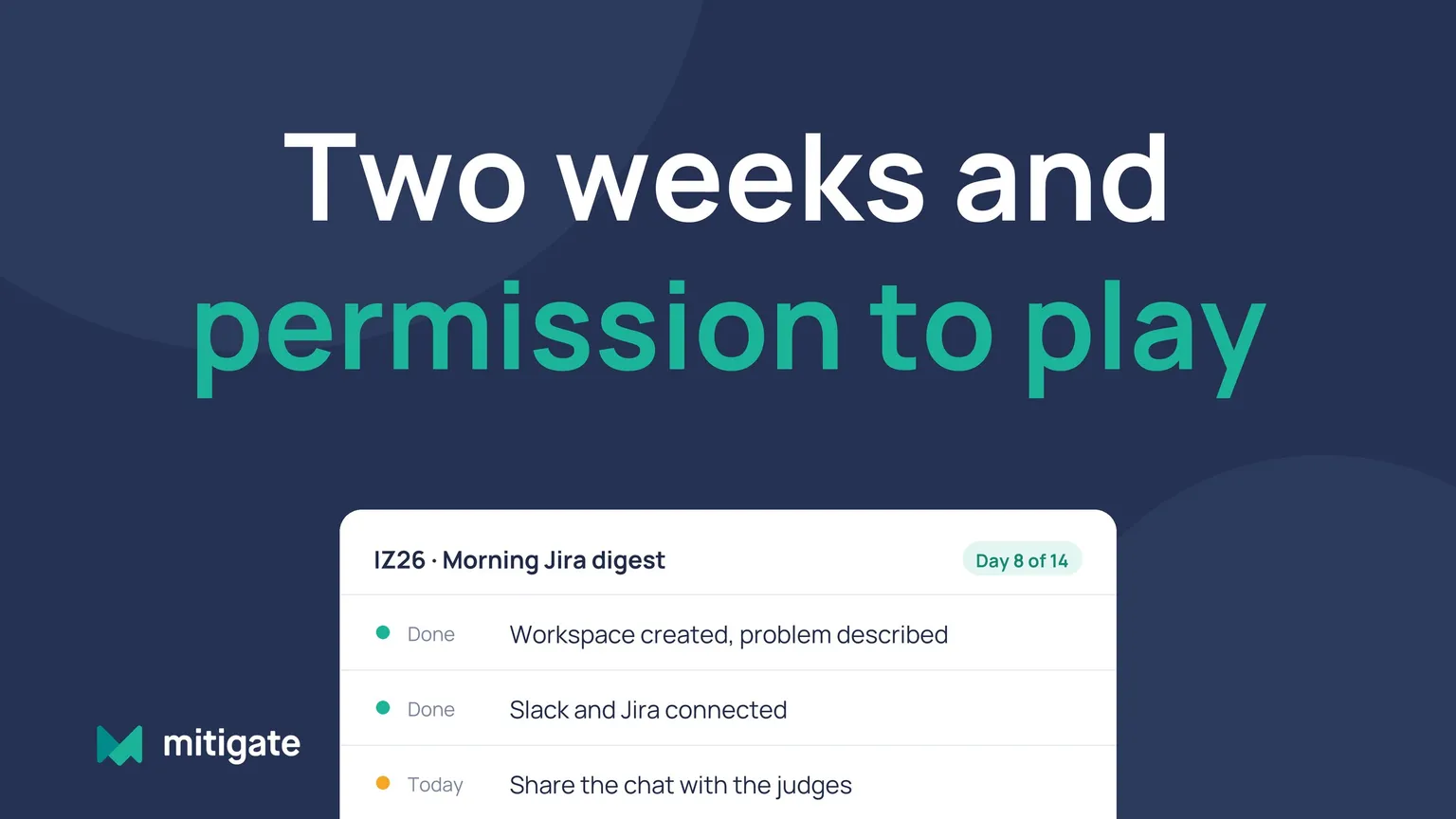 The headline “Two weeks and permission to play” on a dark navy background above an IZ26 challenge workspace card marked “Day 8 of 14”.